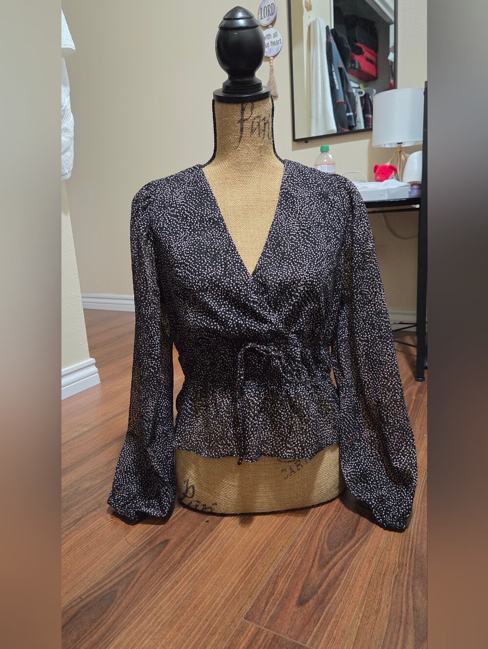 Dynamite Black Printed Wrap Blouse - Lightweight V-Neck Top | Size Medium